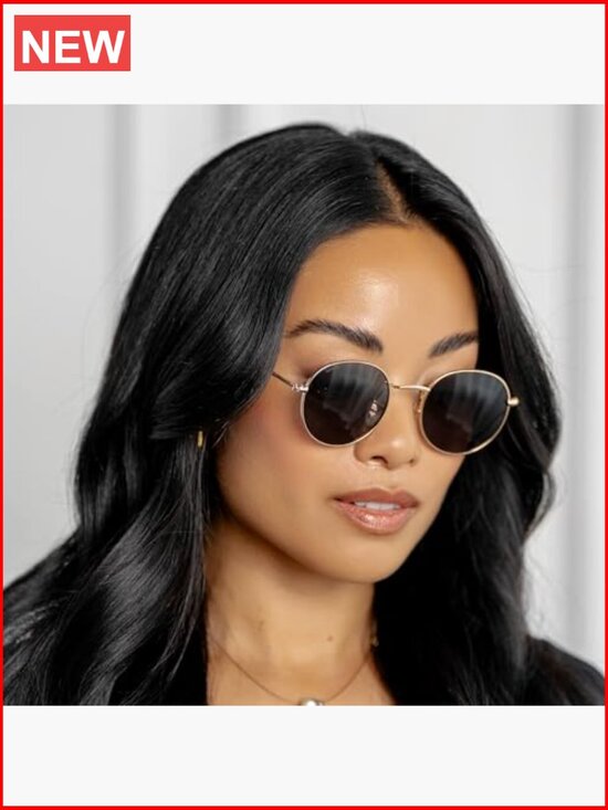 Gold Frame Black Lens Round Polarized Sunglasses with UV Protection
